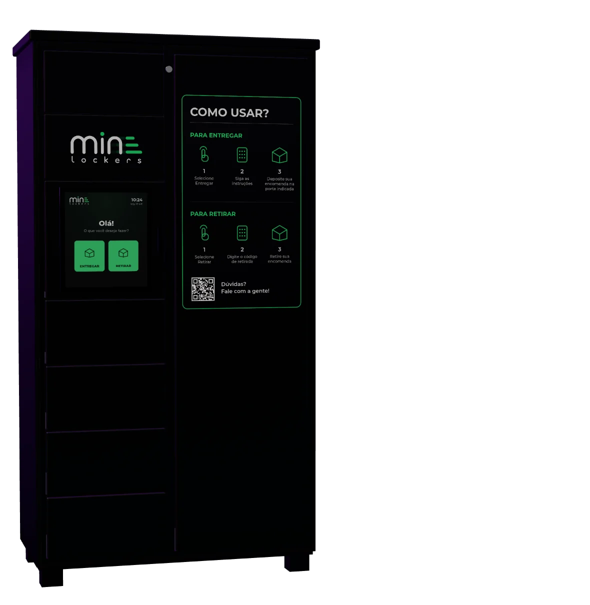 MINE Locker com o módulo principal: tablet, painel de instruções e portas.